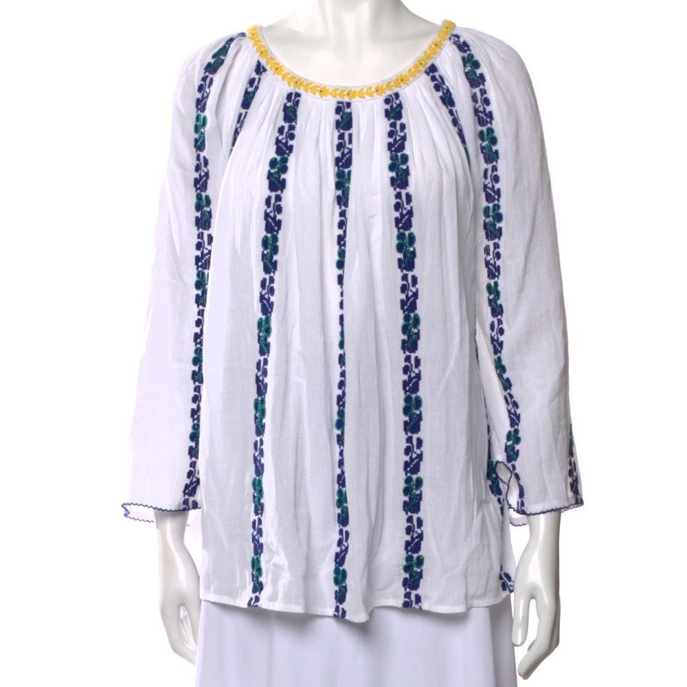 Tory Burch White Embroidered Beaded Peasant Blouse Top Blue Yellow Size 6 36120